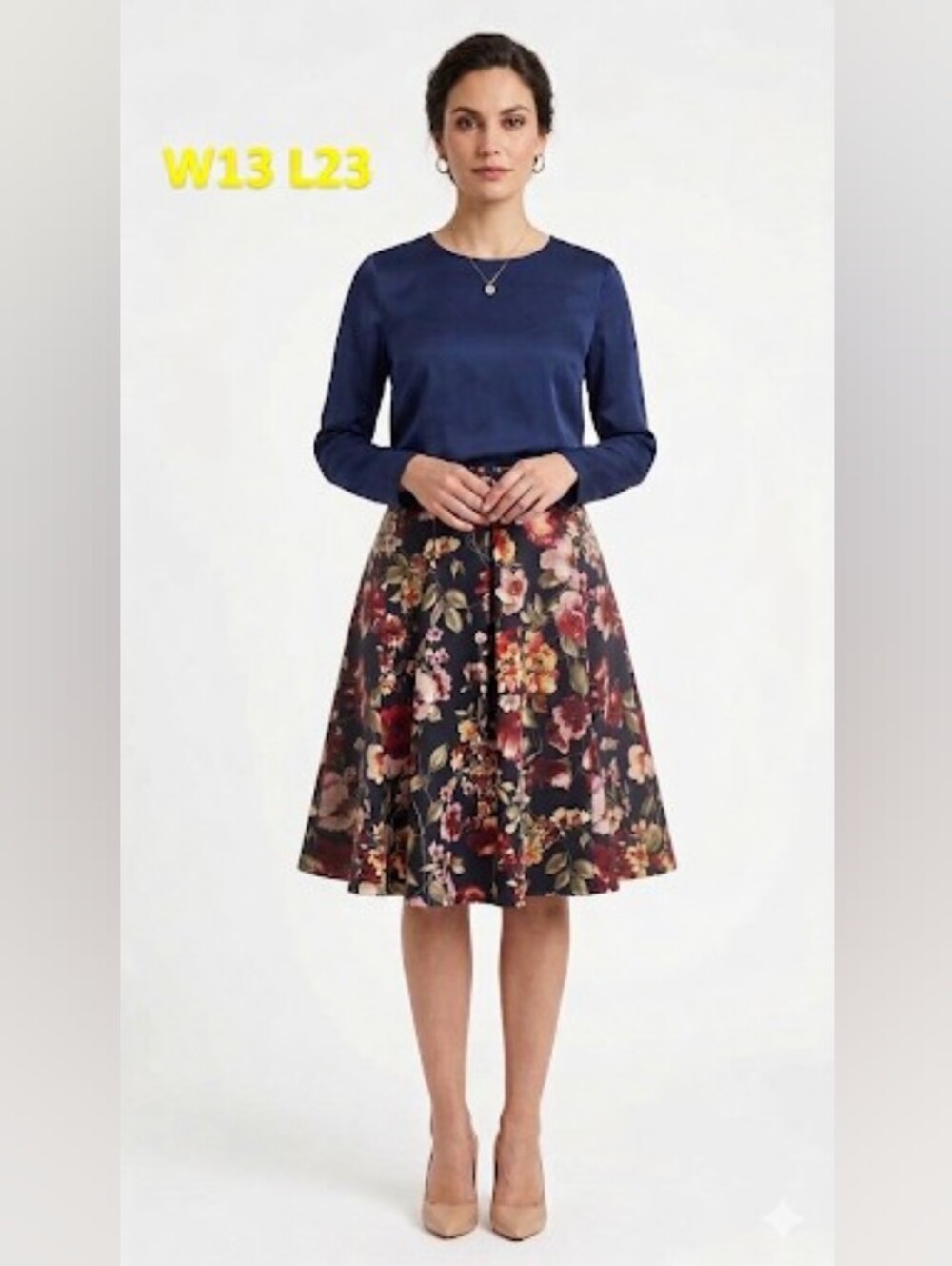 NWOT Small Floral A-Line Midi Skirt in Black with Burgundy Accents